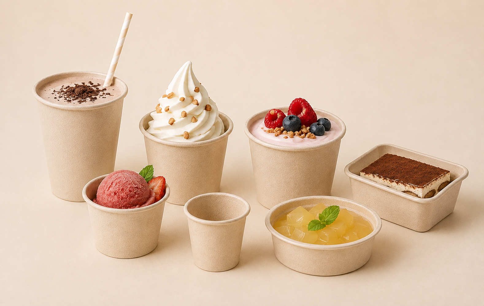 Custom molded fiber cups for yogurt desserts ice cream and specialty beverage applications