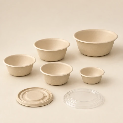 Bamboo fiber bowls in different capacities with molded fiber and clear lid options