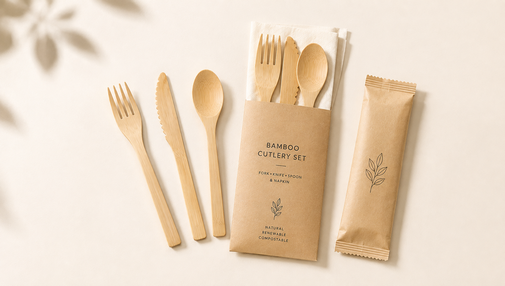 Disposable bamboo fork knife spoon and wrapped cutlery set for commercial foodservice