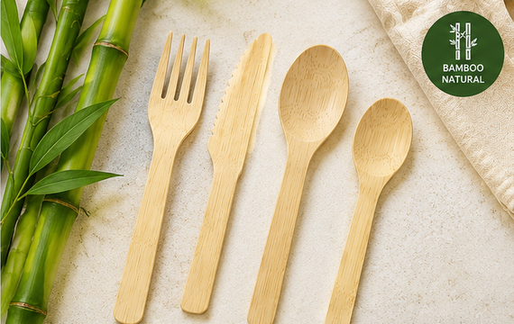 Disposable bamboo forks knives spoons and specialty cutlery for commercial foodservice