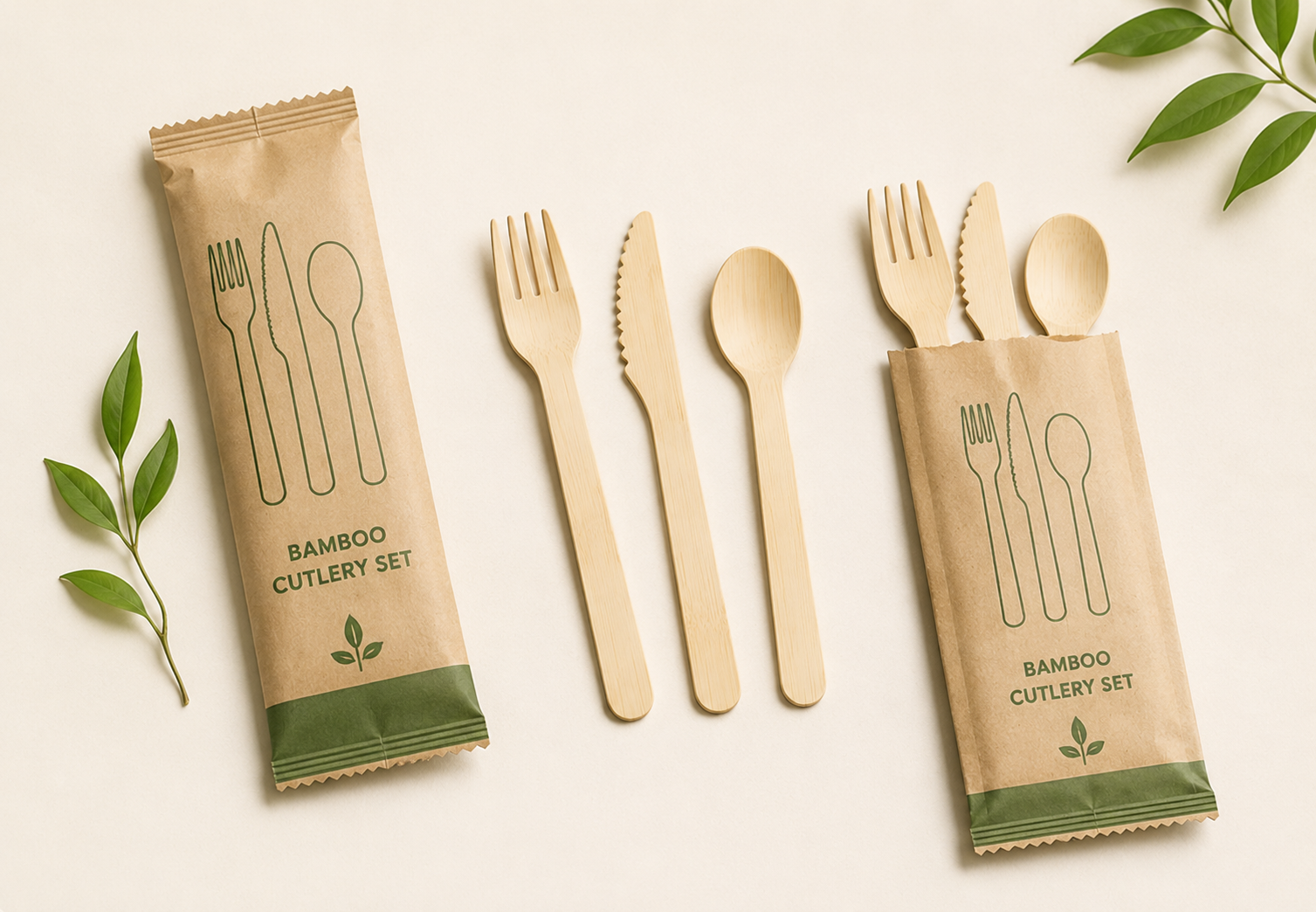 Disposable bamboo forks knives spoons and cutlery sets with foodservice packaging