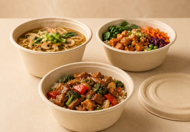 Bamboo fiber disposable bowls holding hot noodles, rice and saucy meals