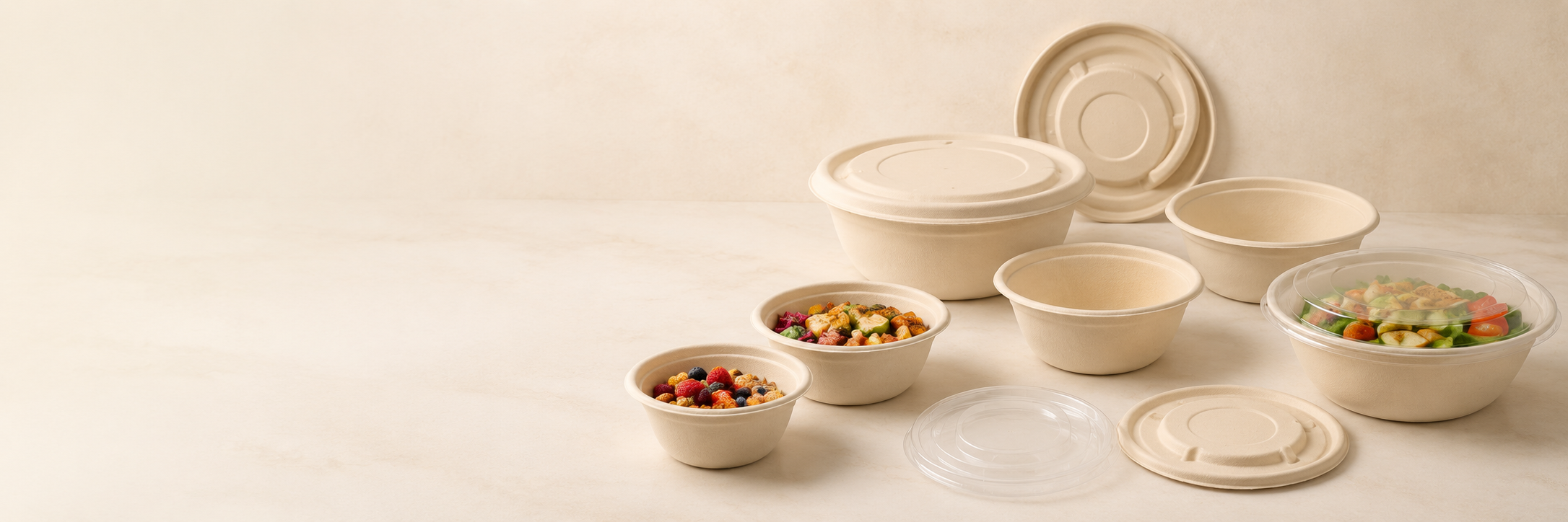 Bamboo fiber disposable bowls in different sizes with molded fiber and clear lid options