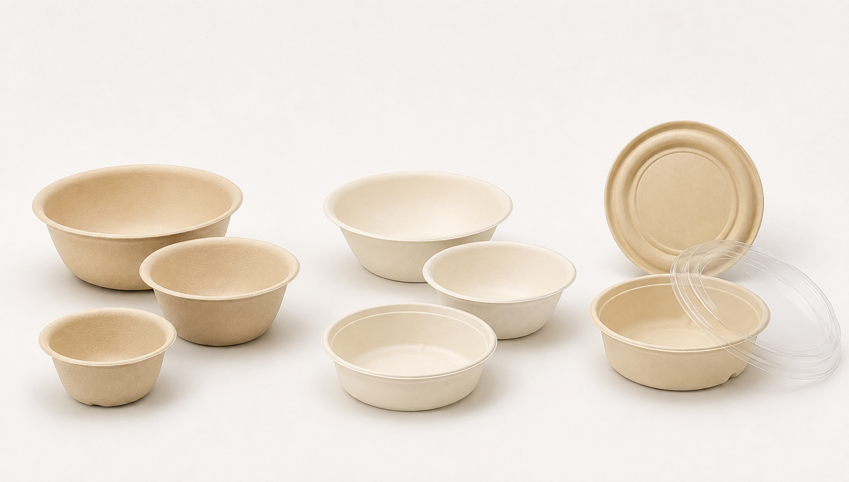 Disposable bowls by material showing bamboo fiber bowls, plant fiber bowls and lid options