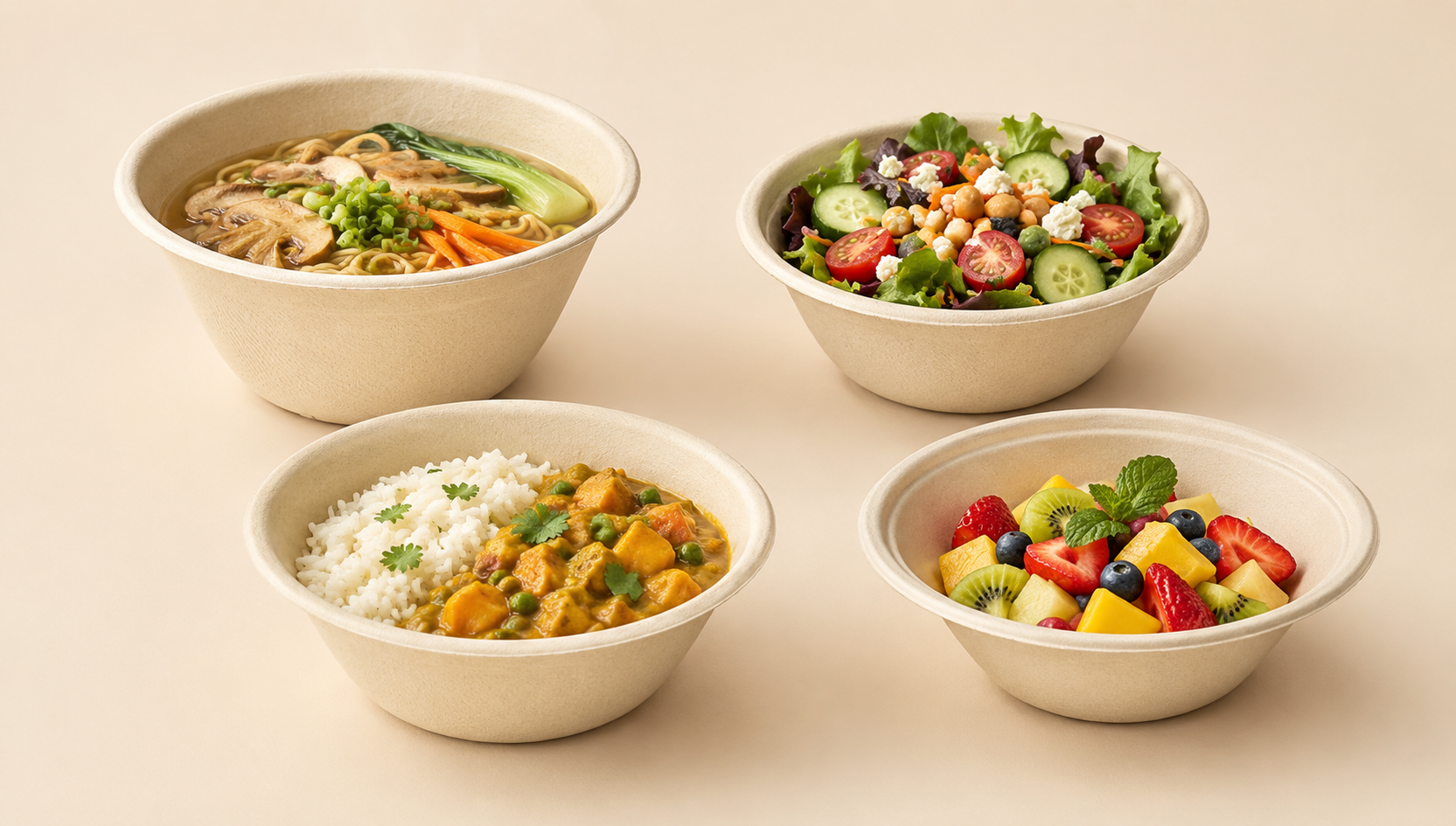 Disposable bamboo fiber bowls for foodservice applications including soup, salad, rice curry and fruit dessert