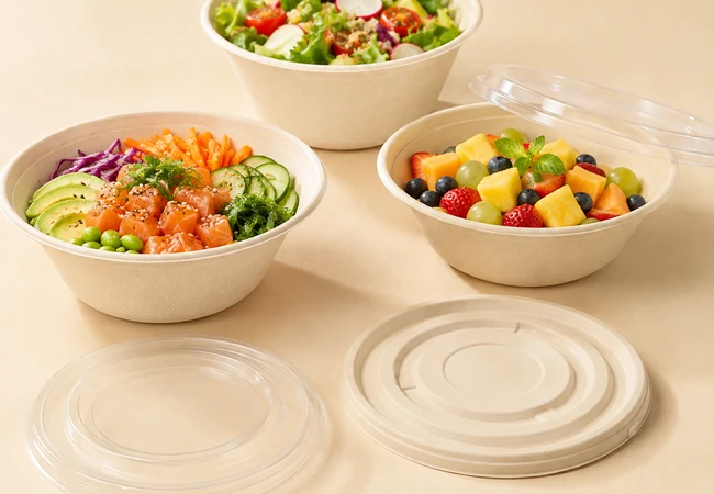 Disposable bamboo fiber bowls for salads, poke, fruit and takeaway food