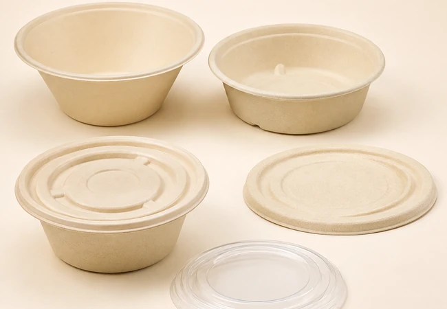 Disposable bamboo fiber bowls with molded fiber and clear matching lid options