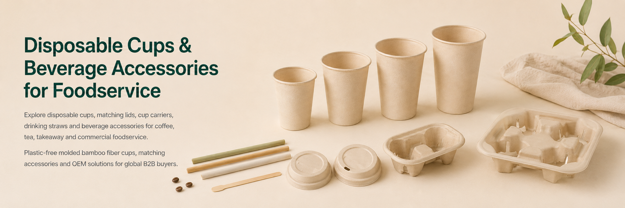 Disposable bamboo fiber cups, lids, cup carriers and beverage accessories for foodservice
