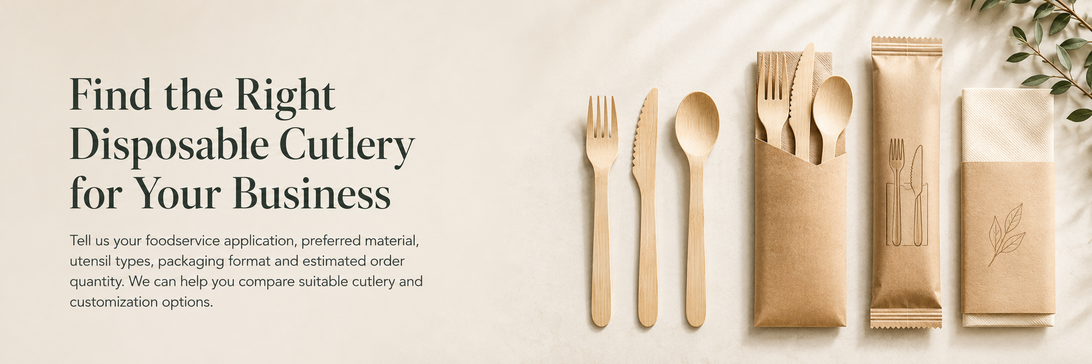 Disposable bamboo and wooden cutlery with wrapped sets and napkin kits for B2B foodservice sourcing