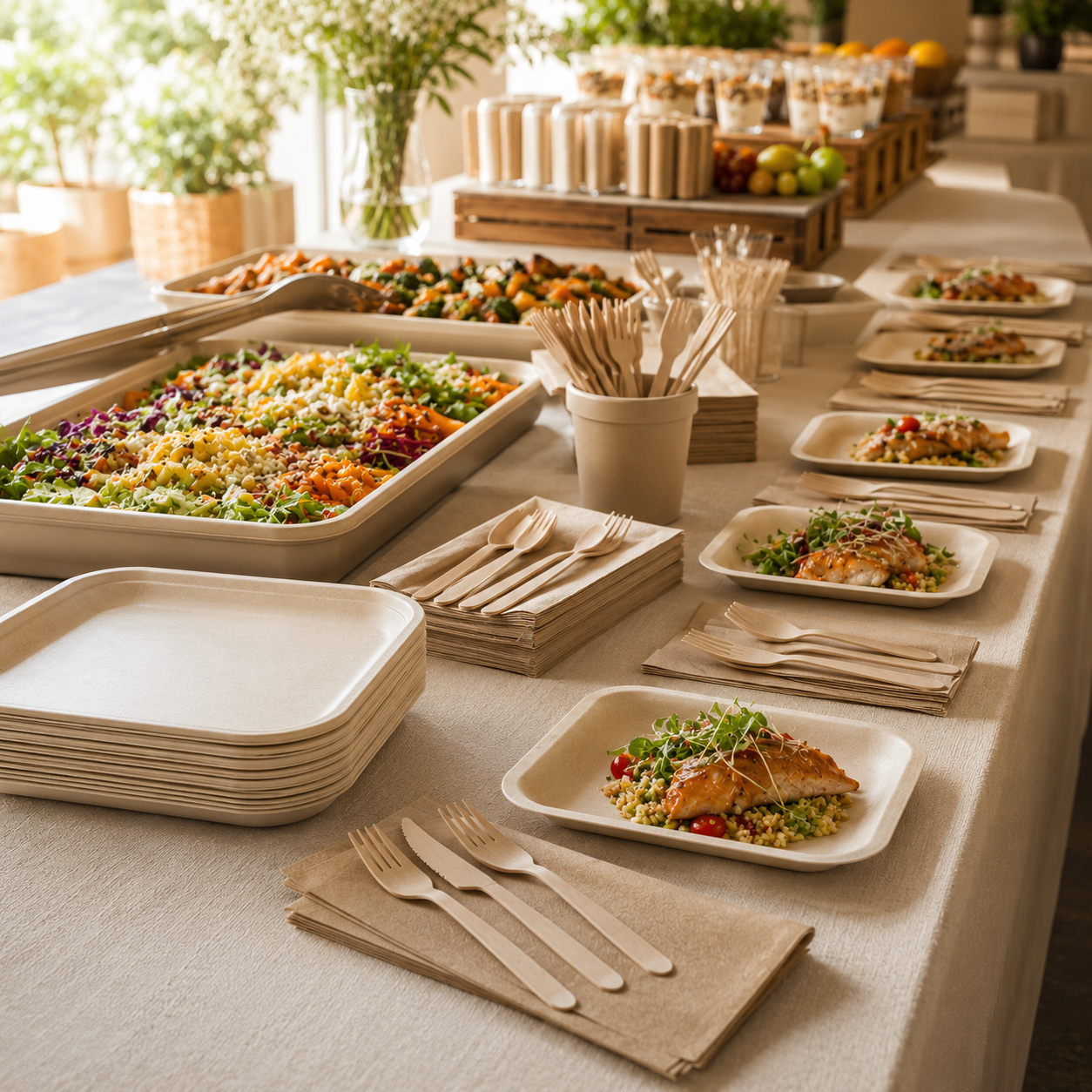 Disposable wooden cutlery arranged for catering buffet and large volume foodservice