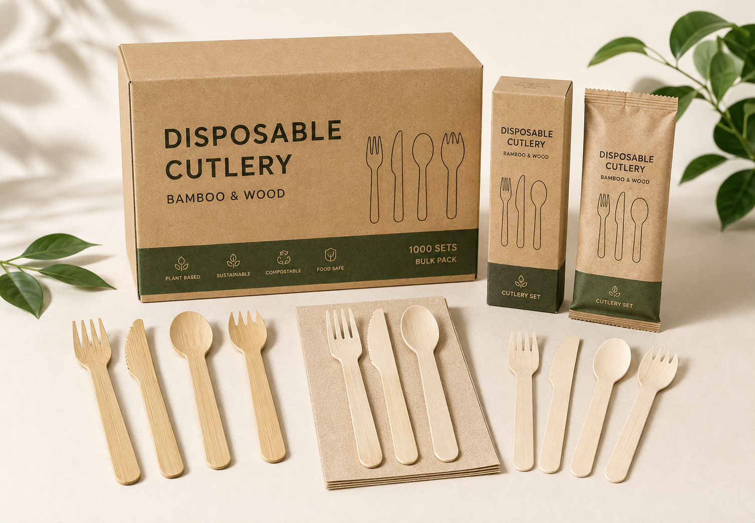 Disposable bamboo and wooden cutlery with bulk and wrapped packaging for commercial foodservice