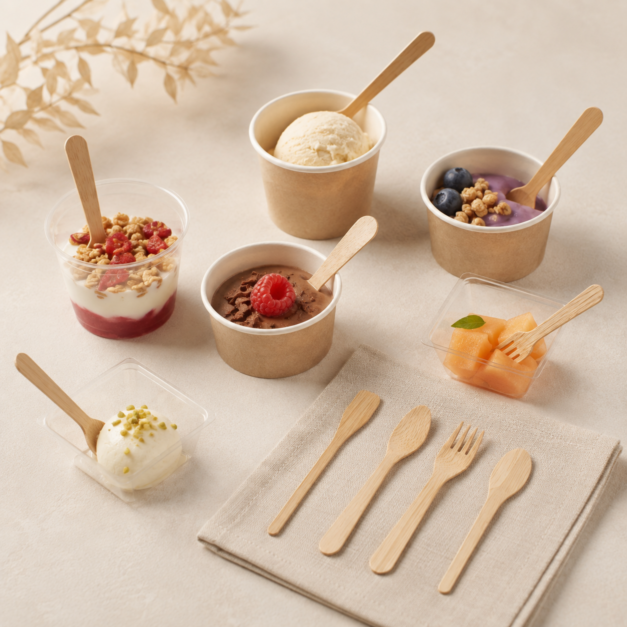 Small disposable wooden spoons and forks with yogurt ice cream and dessert samples
