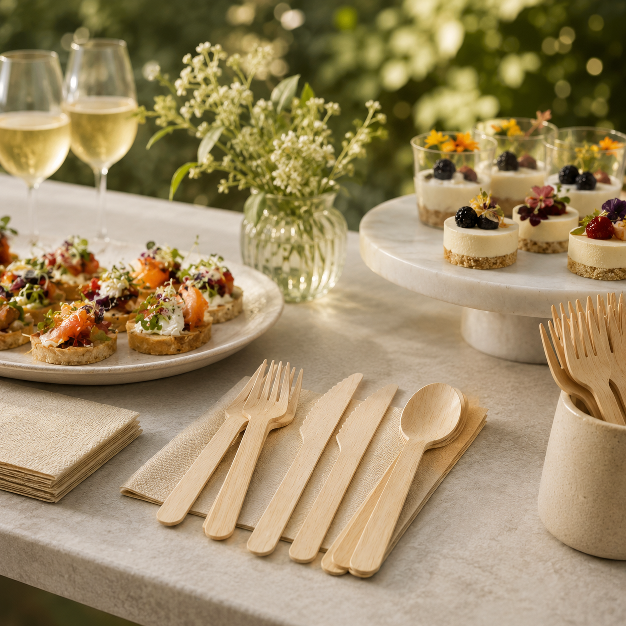 Disposable wooden cutlery at outdoor event table with party food and drinks