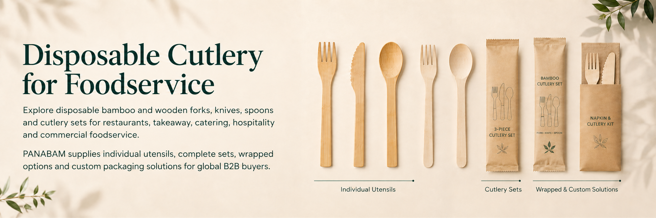 Disposable bamboo and wooden cutlery with individual utensils, cutlery sets and wrapped options for foodservice