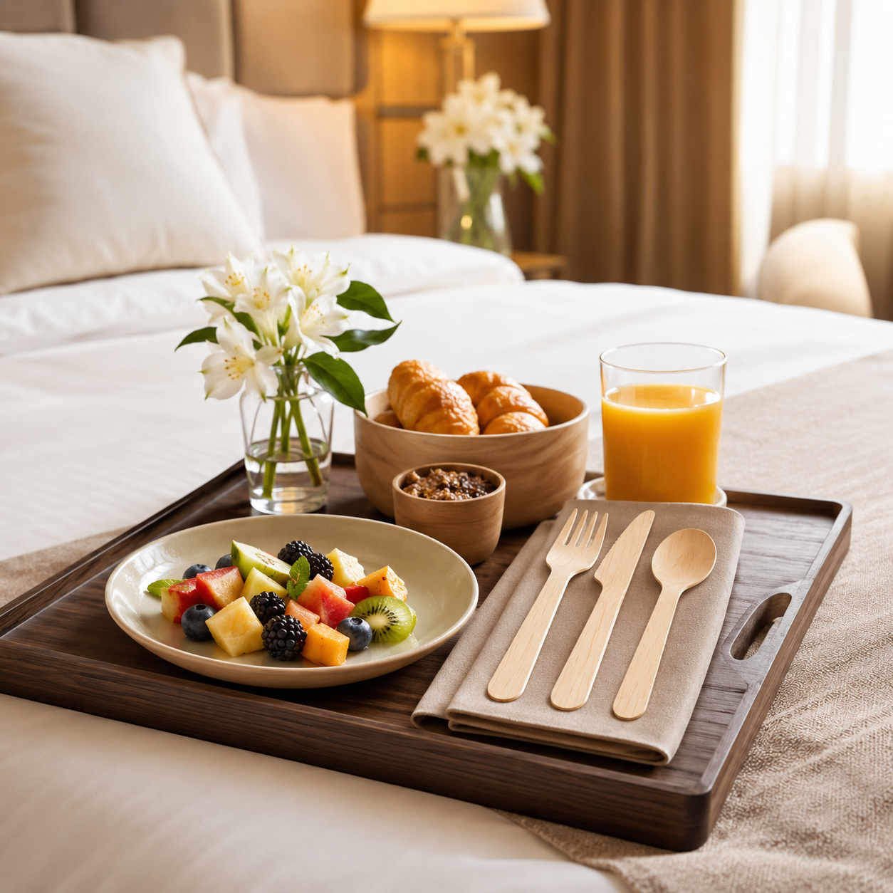 Disposable wooden cutlery on hotel breakfast tray for hospitality foodservice