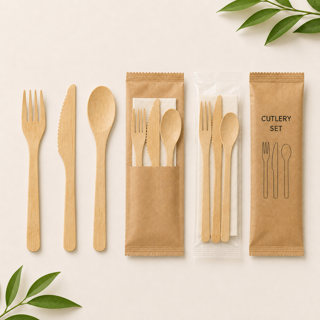 Wrapped disposable cutlery kits with forks knives spoons and napkins for foodservice