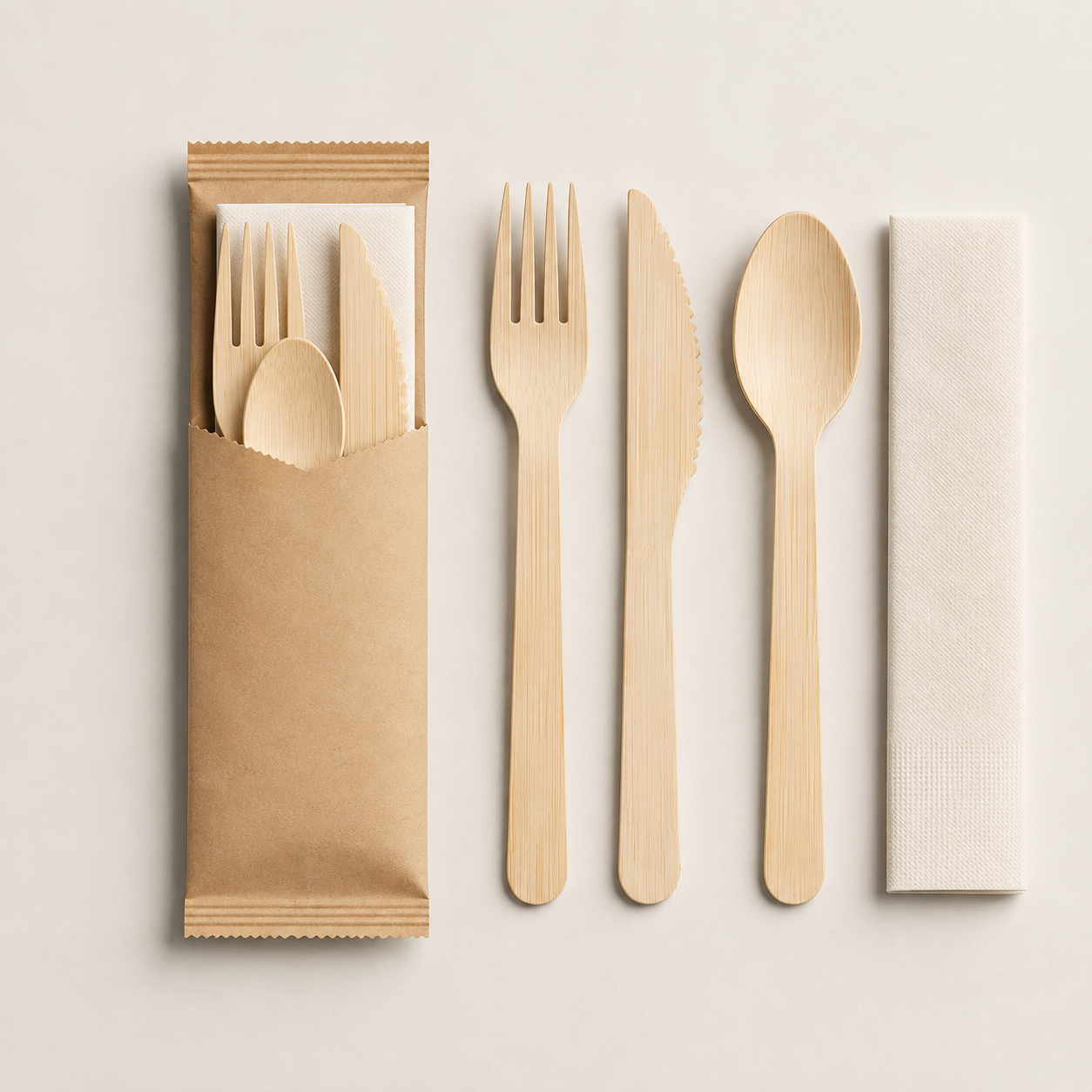 Disposable cutlery kit with fork knife spoon and napkin for takeaway foodservice