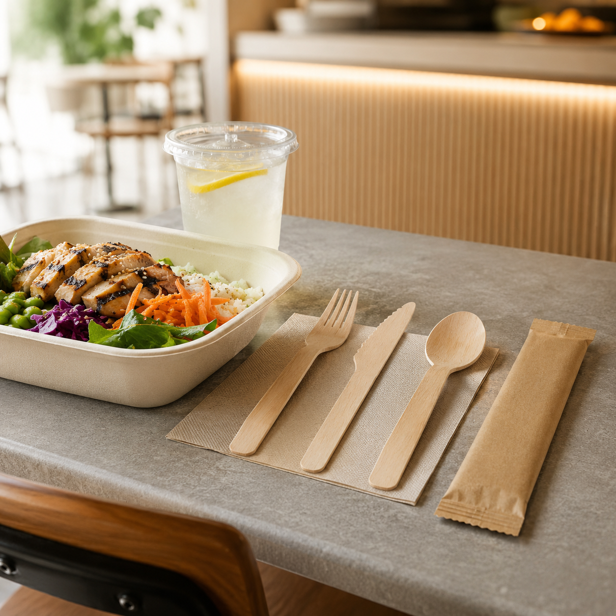 Disposable wooden cutlery with meal bowl for restaurant and quick service foodservice