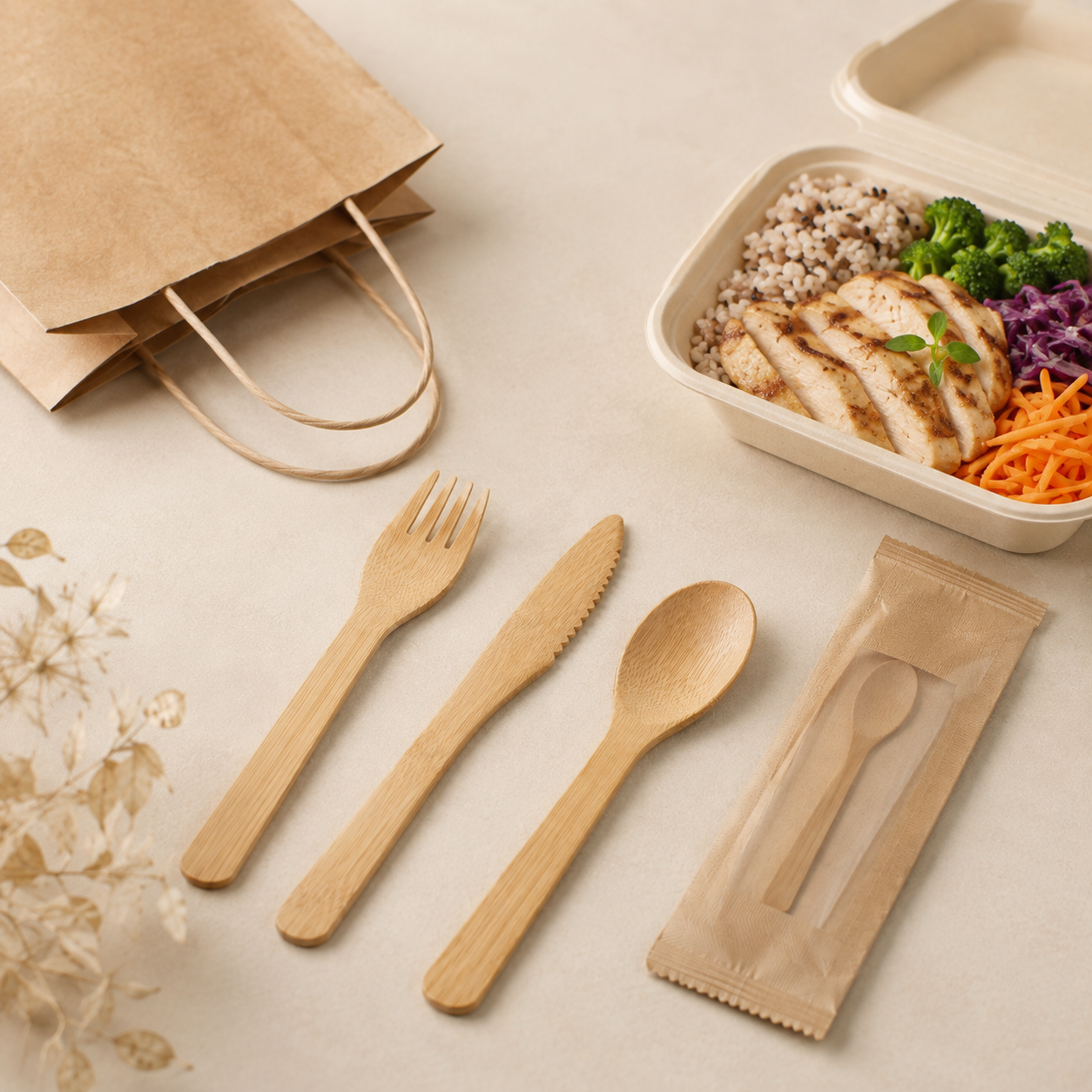 Wrapped disposable cutlery with takeaway food packaging and kraft delivery bags