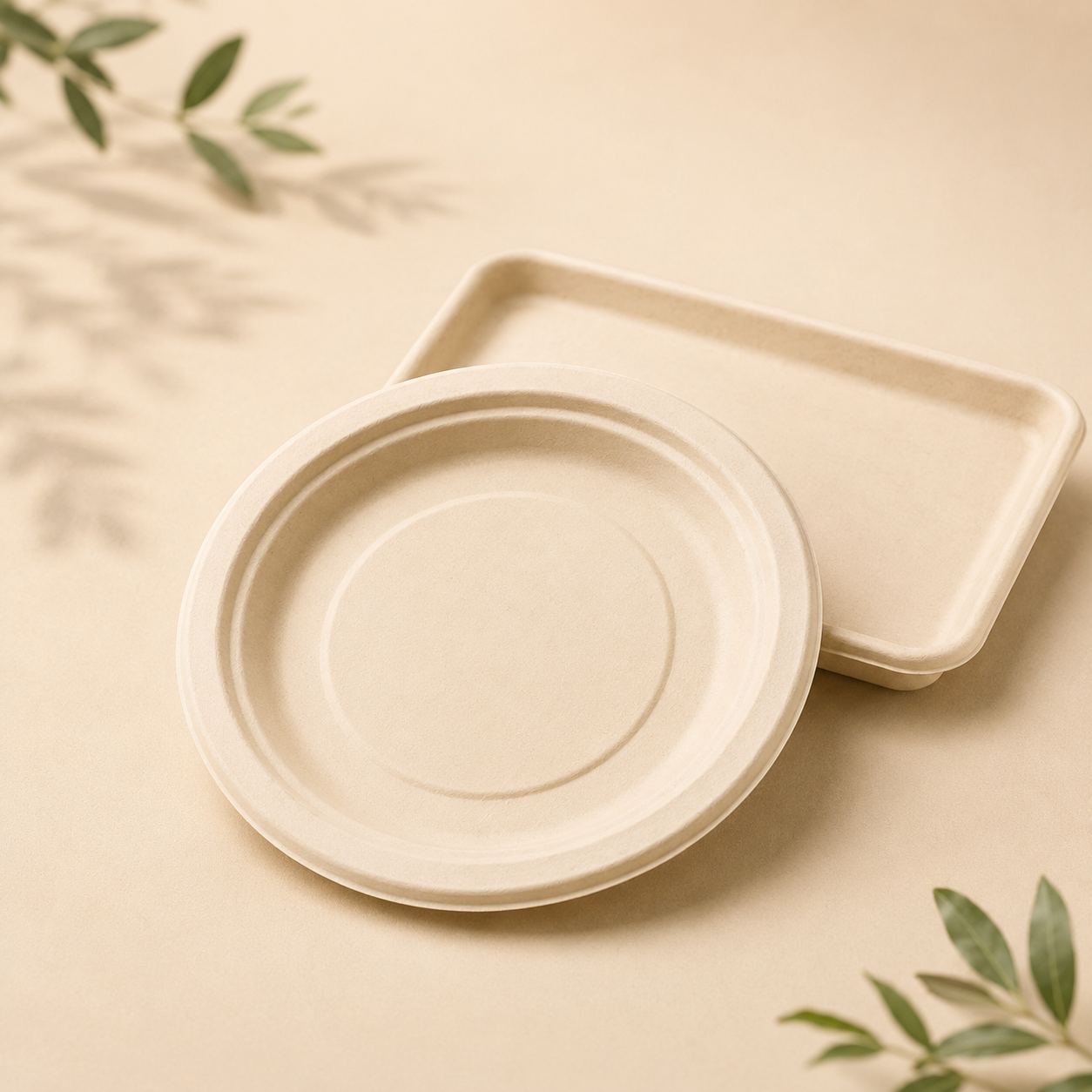 Disposable molded fiber plate and serving tray for foodservice