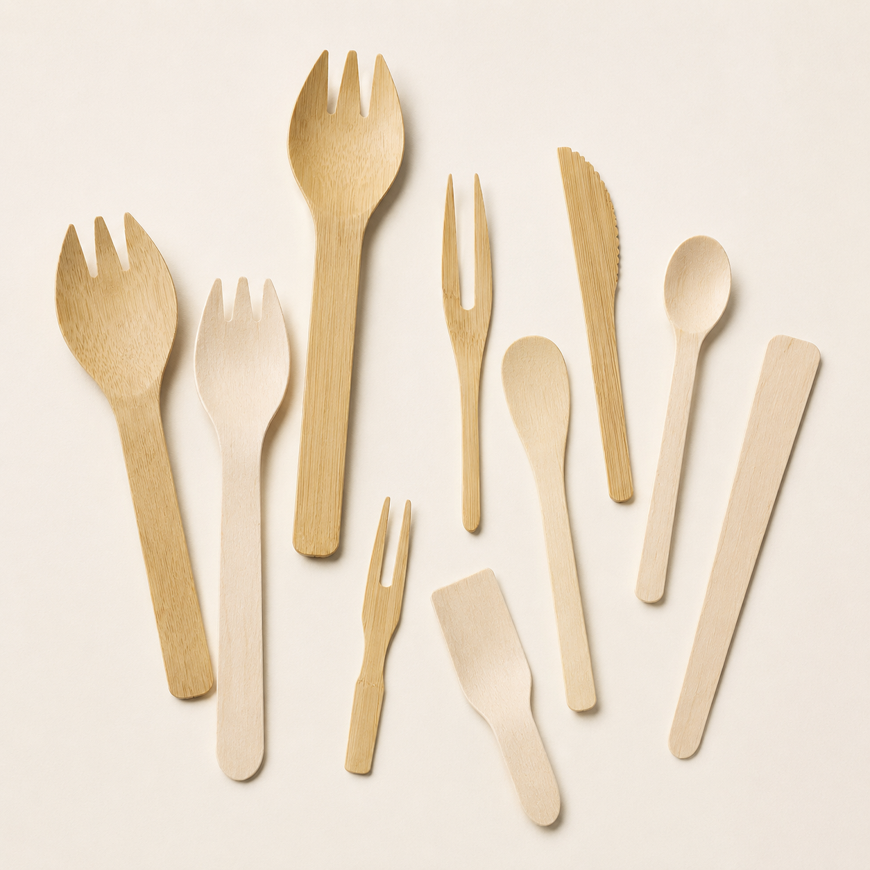 Disposable bamboo and wooden sporks and specialty utensils for foodservice