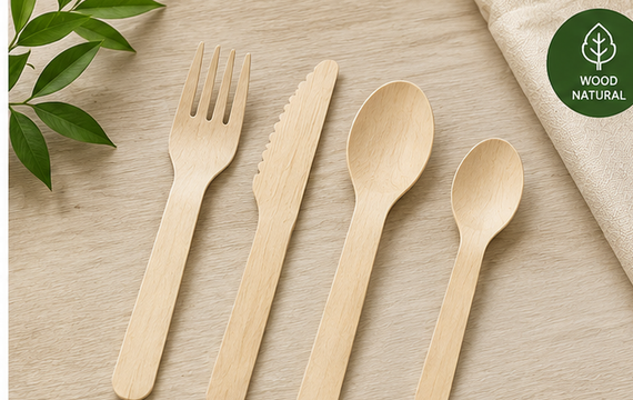 Disposable wooden forks knives spoons and specialty cutlery for takeaway and foodservice