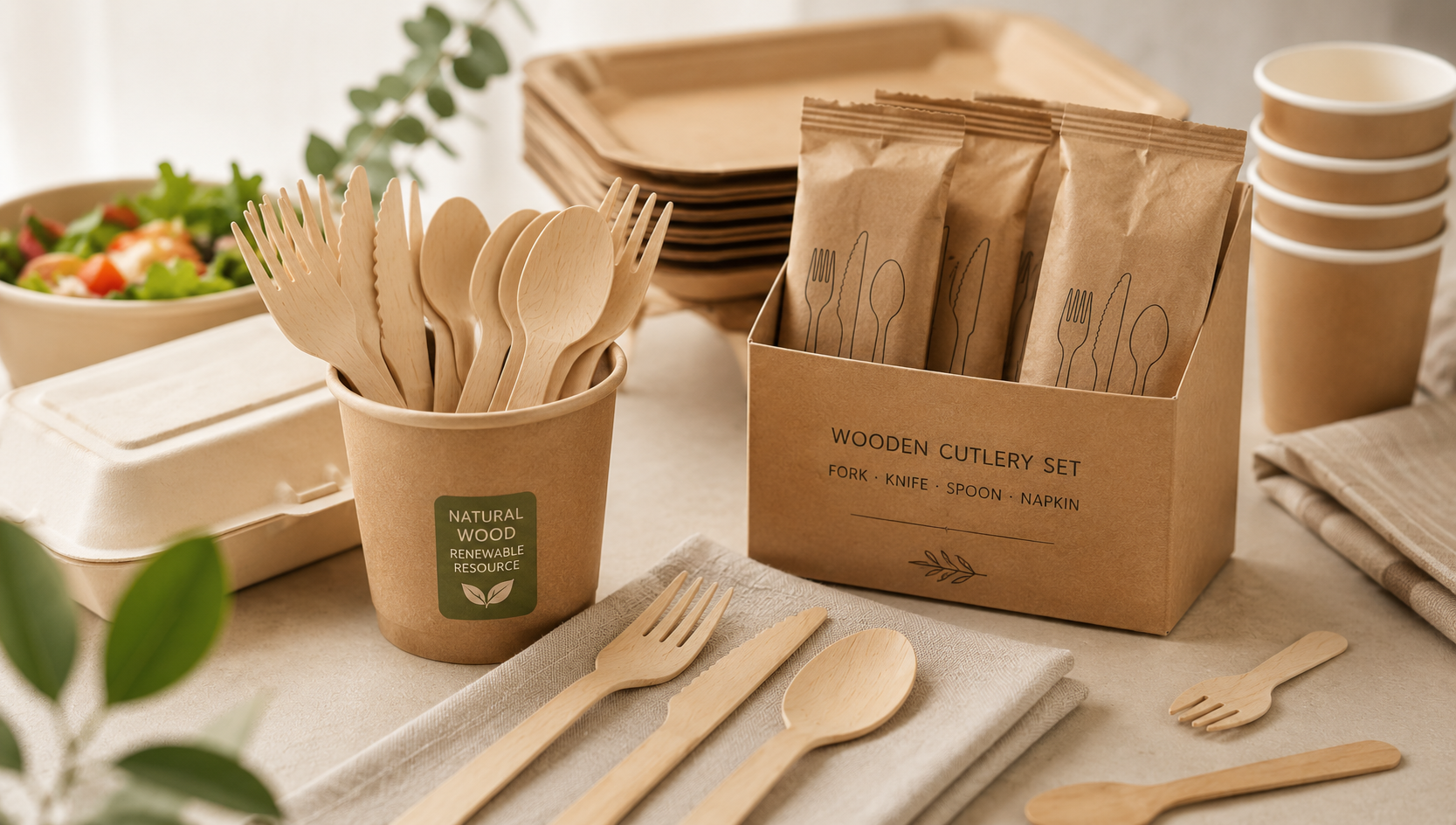Disposable wooden forks knives spoons and wrapped cutlery sets for takeaway catering and foodservice