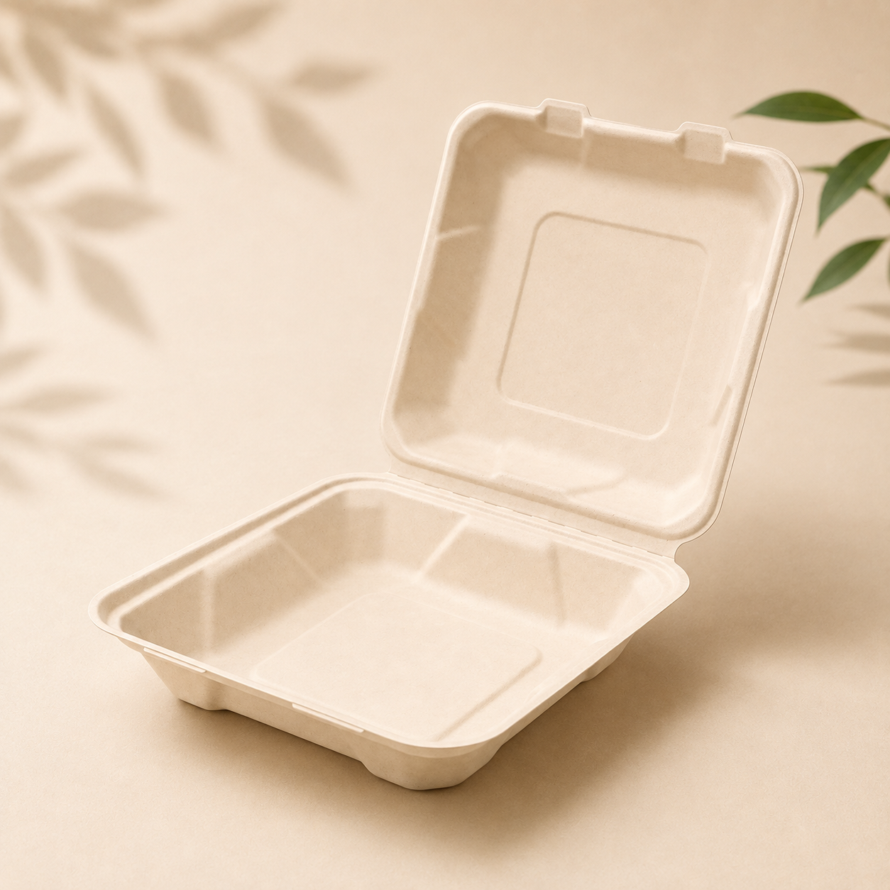 Disposable molded fiber clamshell food container for takeaway and foodservice