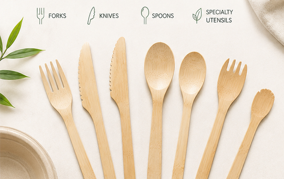 Individual disposable bamboo and wooden forks knives spoons and specialty utensils for foodservice