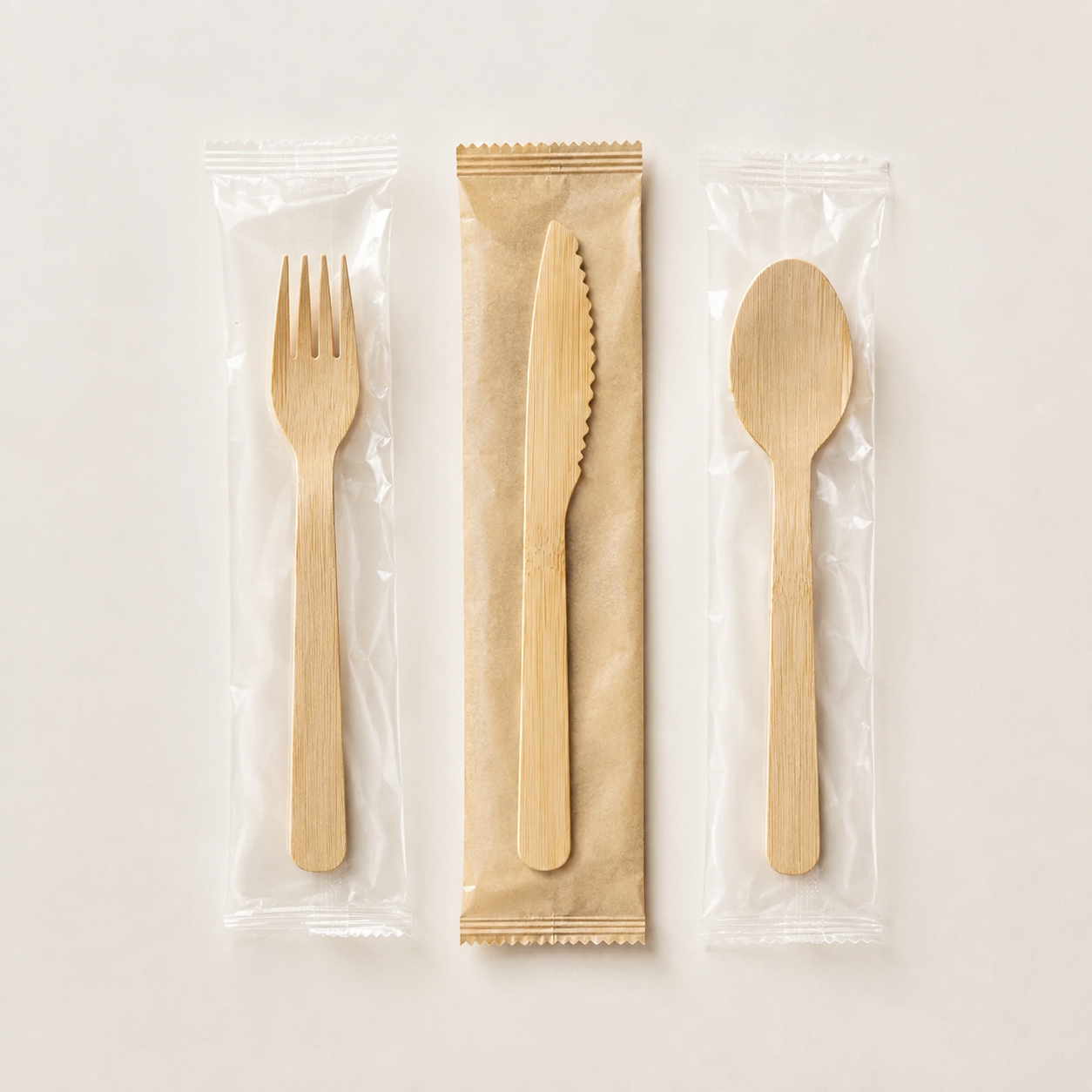 Individually wrapped disposable bamboo cutlery in paper and clear packaging for foodservice