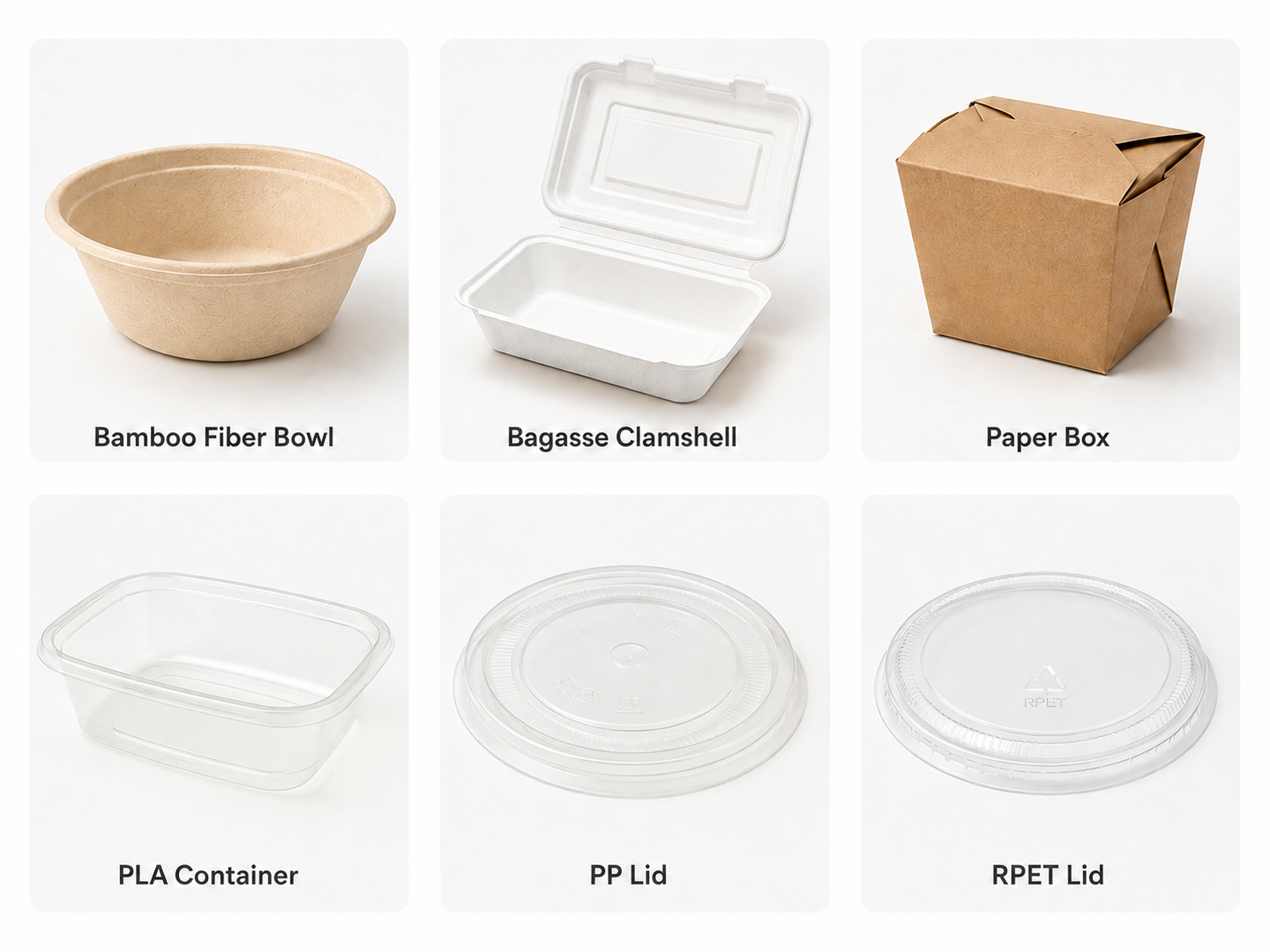 Bamboo fiber bowl white bagasse clamshell paper box PLA container PP lid and RPET lid comparison