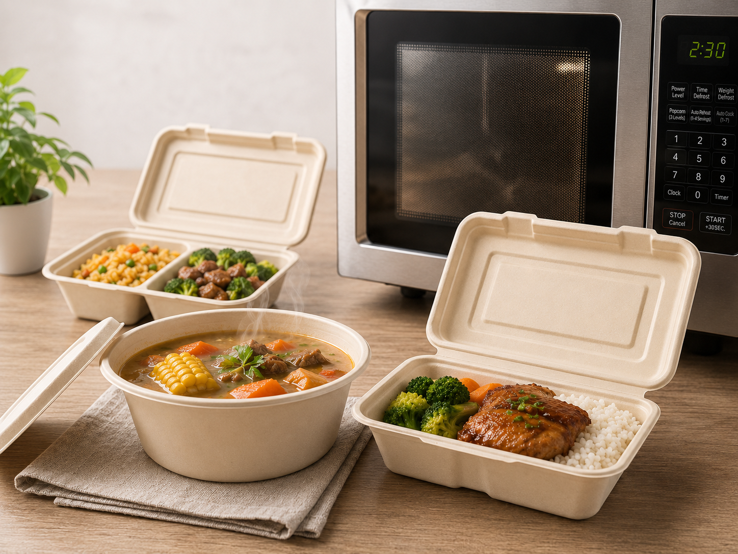 Microwave safe bamboo fiber bowls and takeout containers for hot food