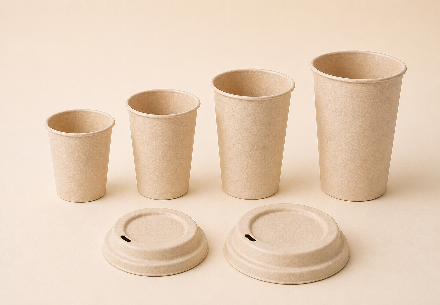 Molded bamboo fiber cups in four sizes with matching 80 mm and 90 mm lids