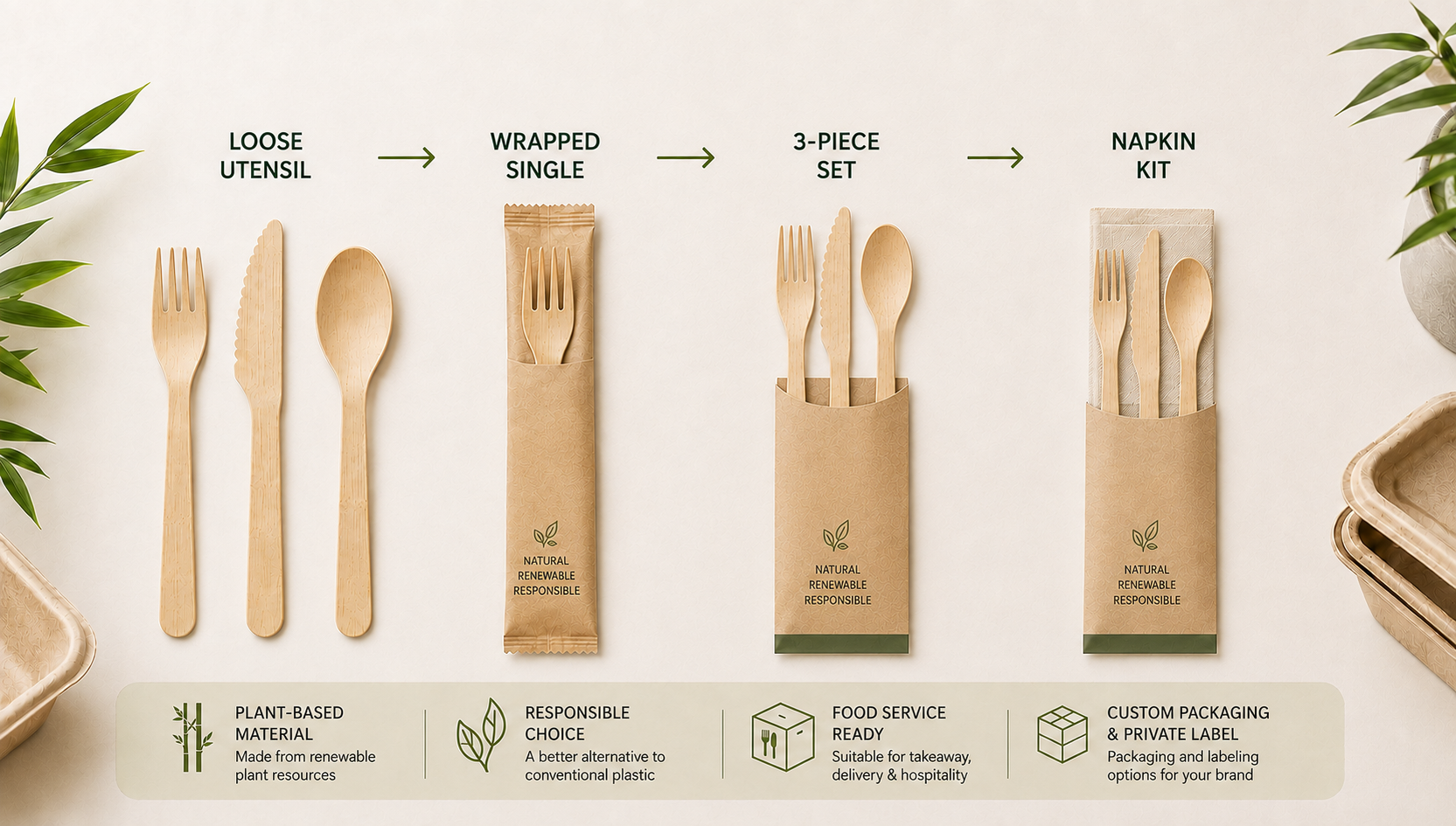 Wrapped disposable cutlery, 3-piece cutlery sets and napkin kits in paper-based foodservice packaging