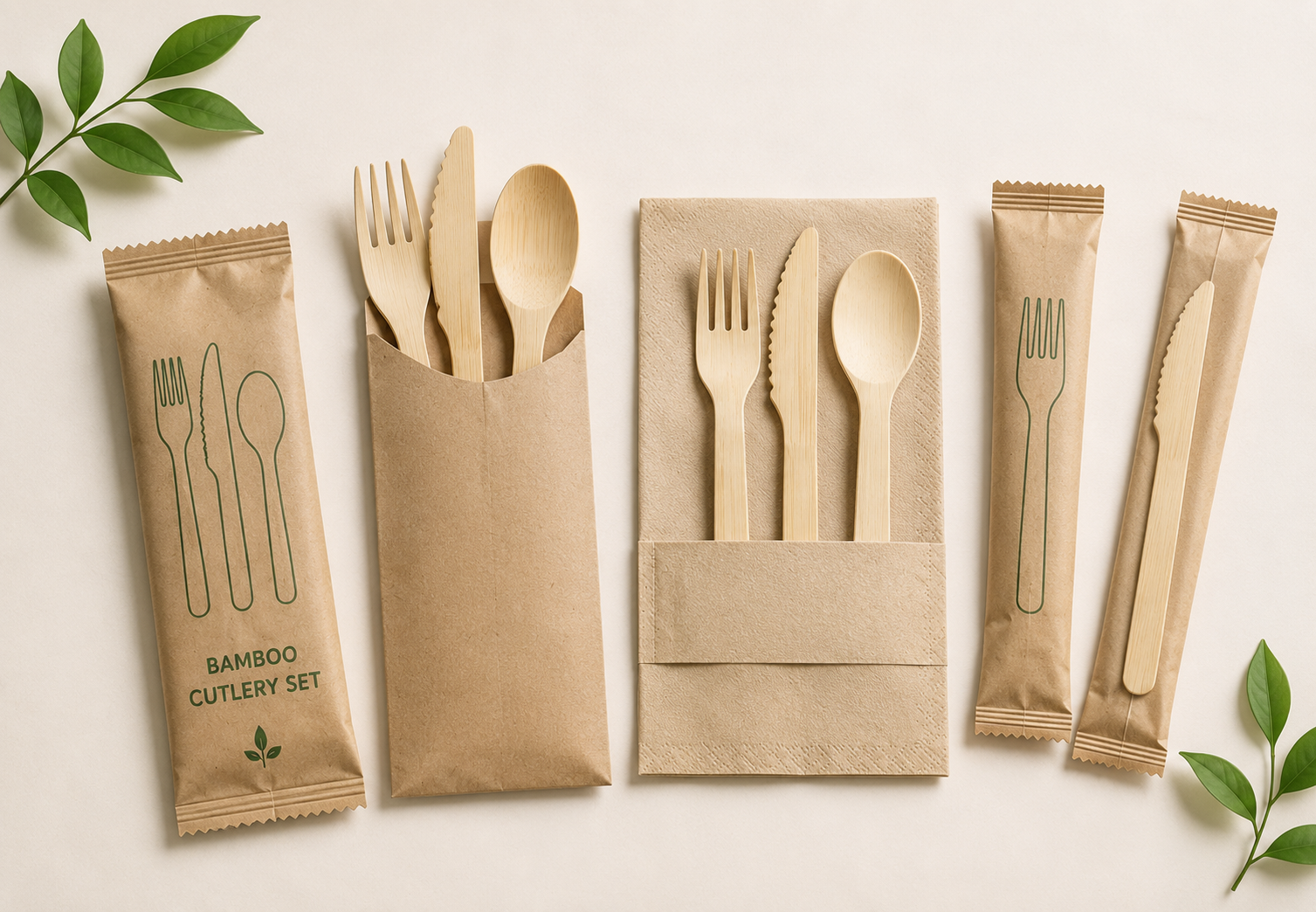 Wrapped disposable cutlery sets with fork knife spoon and paper packaging for foodservice