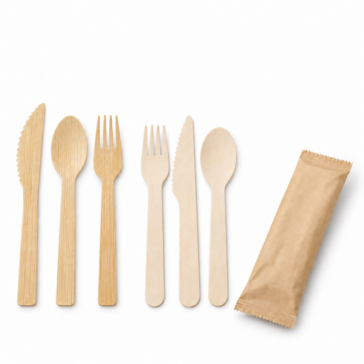 Disposable bamboo and wooden cutlery sets for foodservice