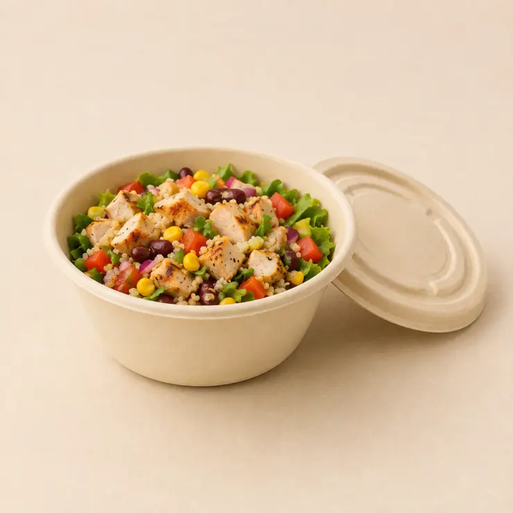 Disposable bamboo fiber meal bowl with mixed food and matching fiber lid