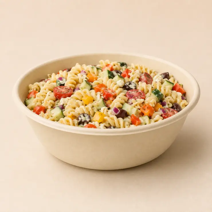 Wide disposable bamboo fiber bowl filled with pasta salad