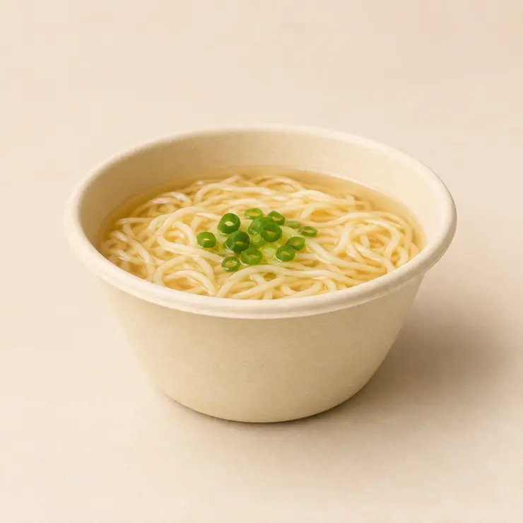 Disposable bamboo fiber bowl filled with hot soup and noodles