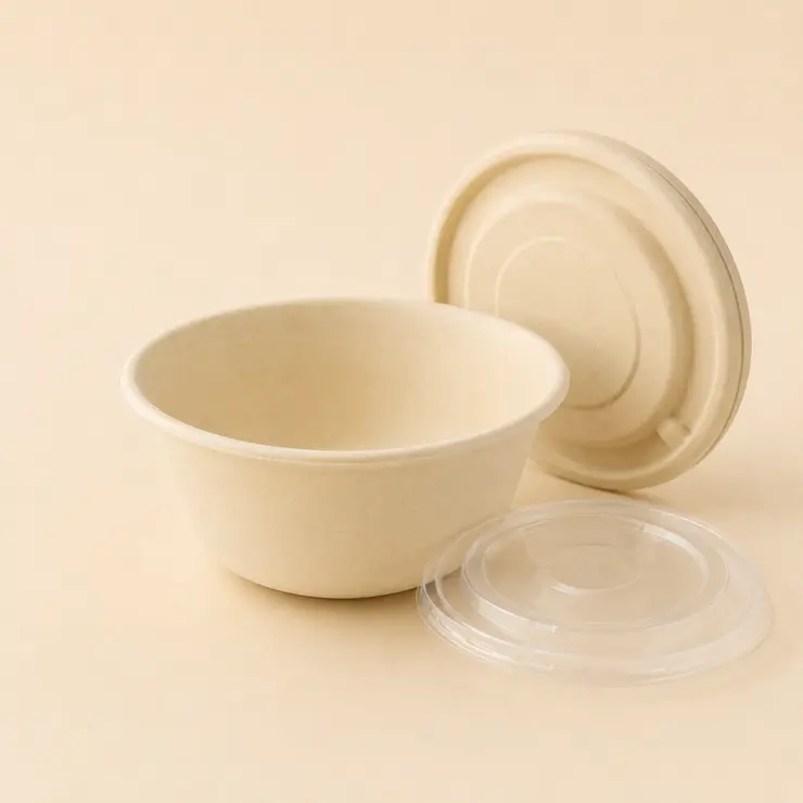Disposable bamboo fiber bowl with molded fiber lid and clear plastic lid
