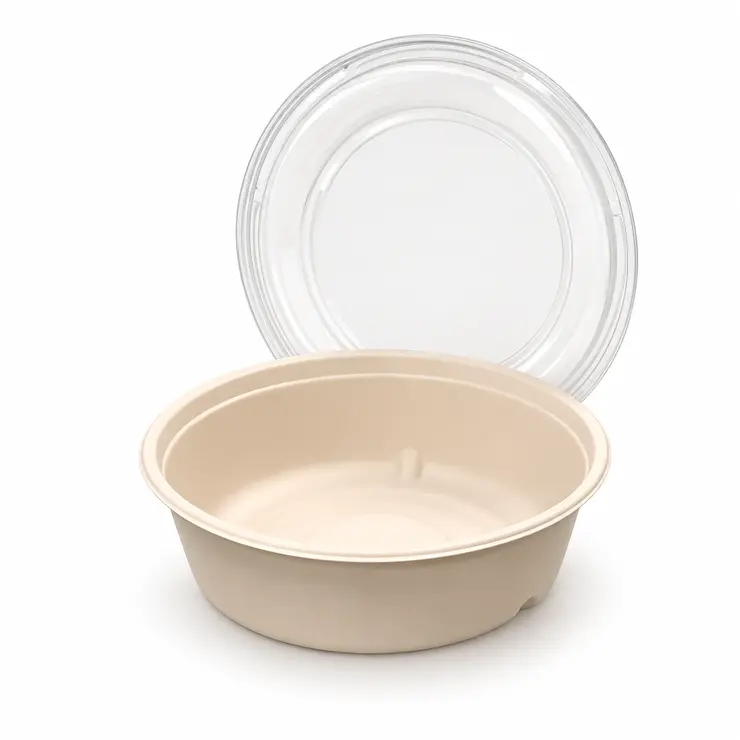 Clear RPET lid with bamboo fiber bowl for salads, chilled food and retail display
