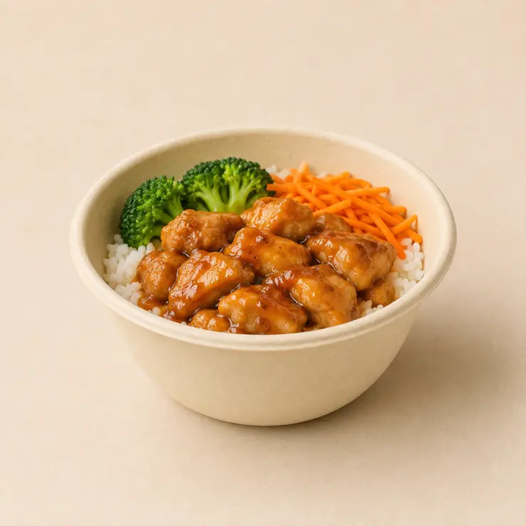 Disposable bamboo fiber bowl filled with chicken, rice and vegetables