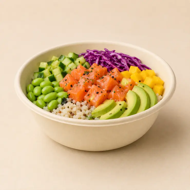 Wide bamboo fiber serving bowl filled with vegetables, salmon and grains