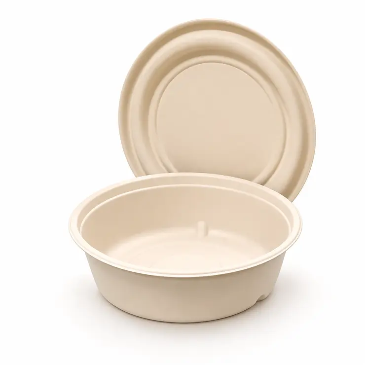 Bamboo fiber bowl with matching molded fiber lid for hot food and takeaway