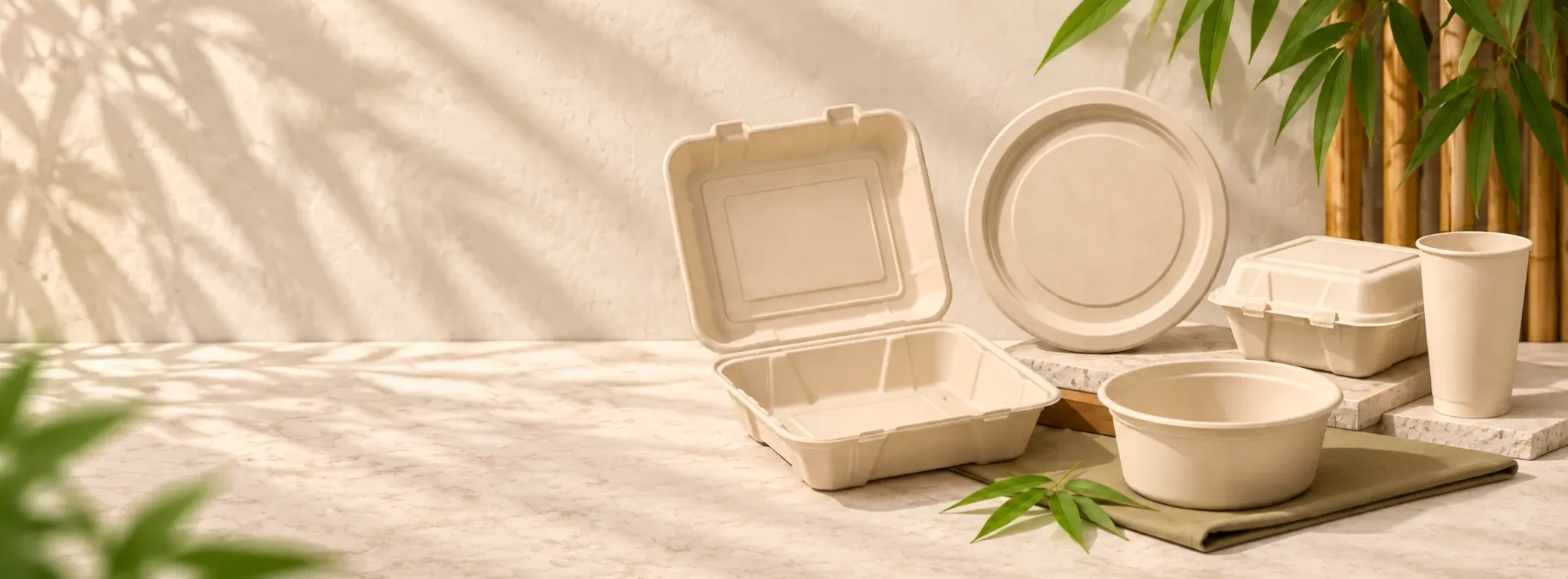 Bamboo fiber food packaging products including cups, clamshell containers, bowls and plates