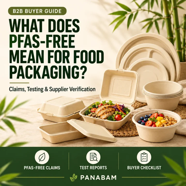 PFAS-free food packaging buyer guide featuring bamboo fiber containers plates and bowls